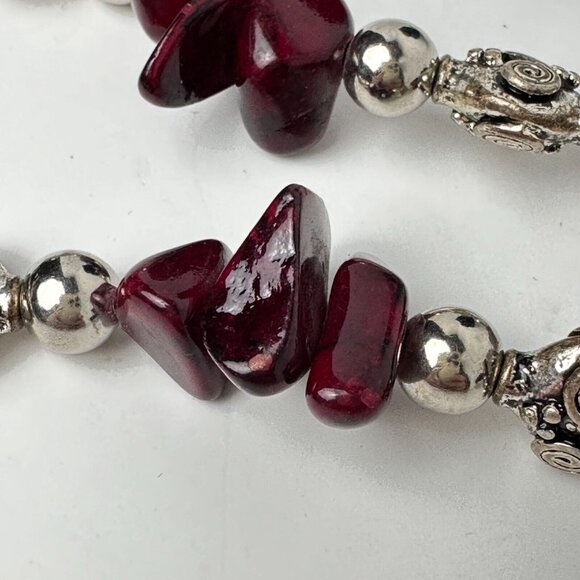 I Silver Red Garnet Beaded Necklace 7.5" Toggle Clasp Fashion Jewelry - Picture 14 of 16